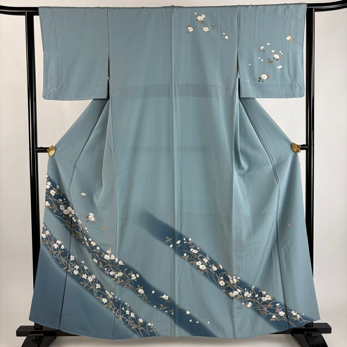 訪問服 身長158.5cm 袖長62cm S 雙層 落款有 枝花 草花紋紋 染分 ぼかし 水藍 純蠶絲 秀品級