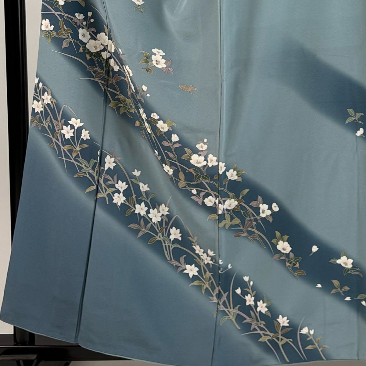 訪問服 身長158.5cm 袖長62cm S 雙層 落款有 枝花 草花紋紋 染分 ぼかし 水藍 純蠶絲 秀品級