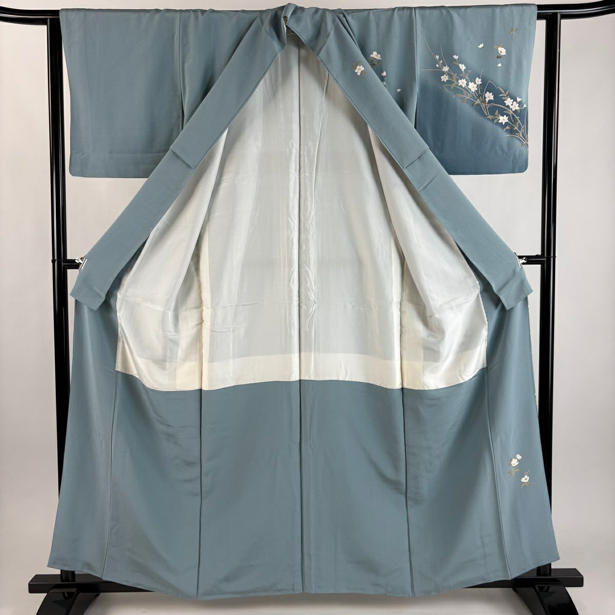 訪問服 身長158.5cm 袖長62cm S 雙層 落款有 枝花 草花紋紋 染分 ぼかし 水藍 純蠶絲 秀品級