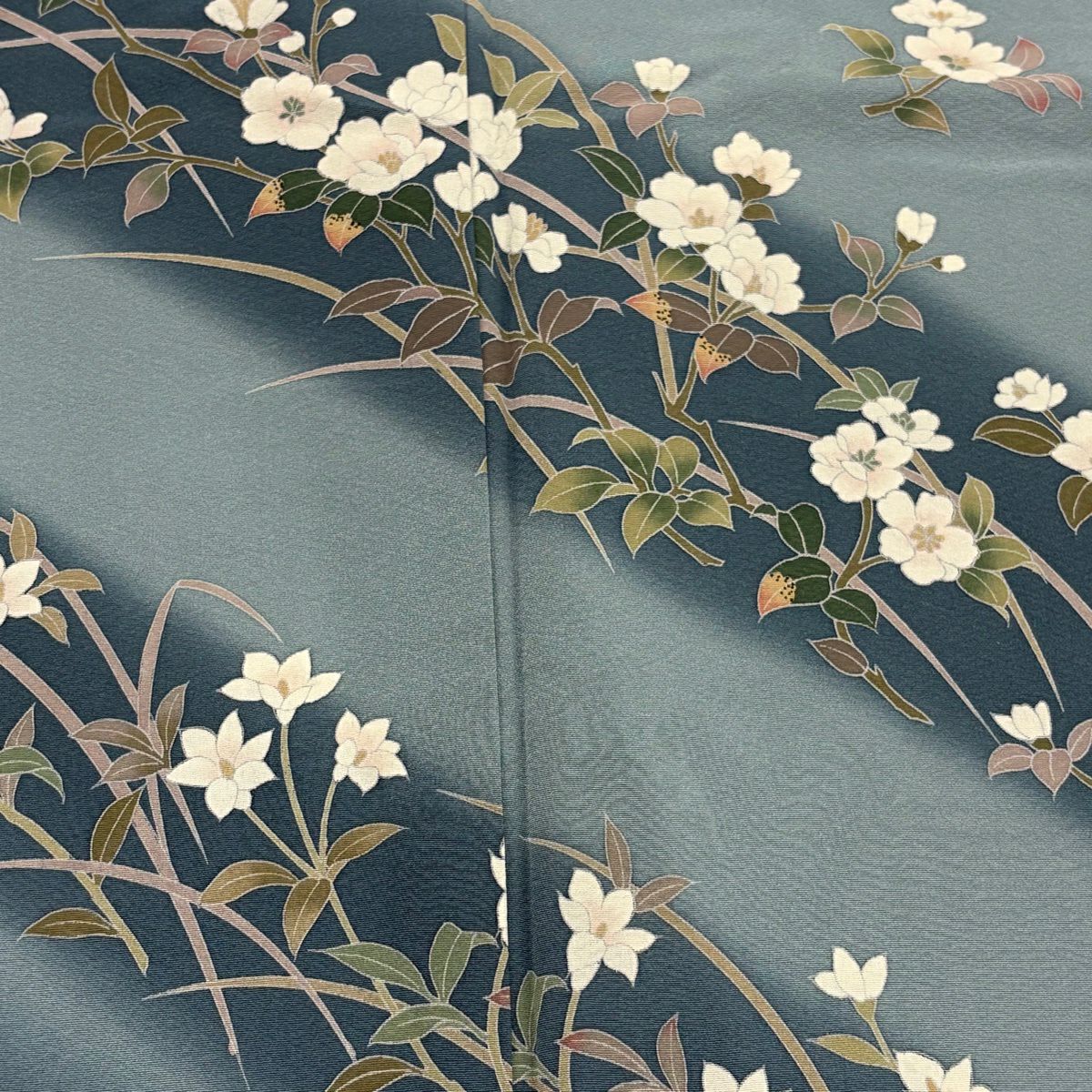 訪問服 身長158.5cm 袖長62cm S 雙層 落款有 枝花 草花紋紋 染分 ぼかし 水藍 純蠶絲 秀品級