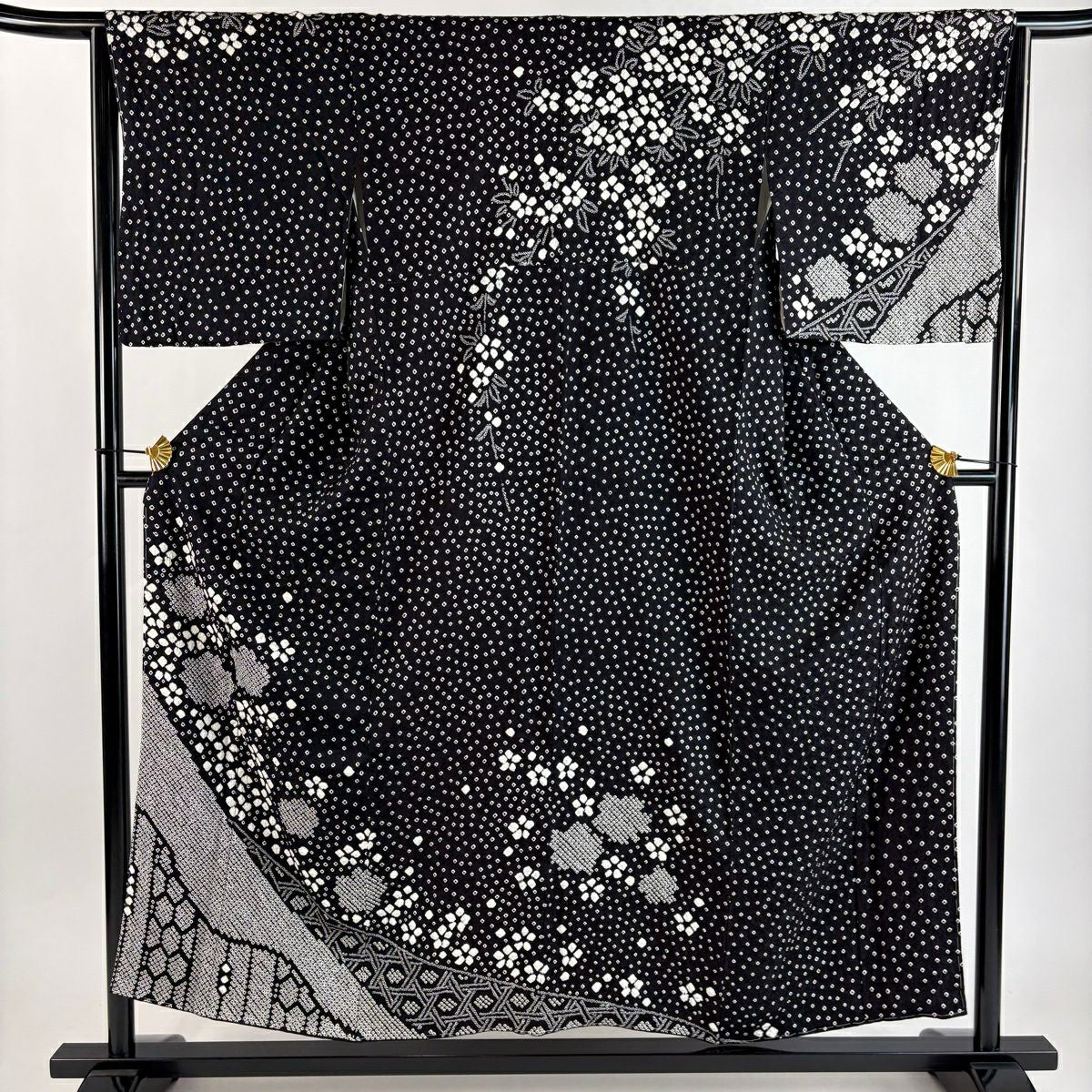 【美品】訪問服 身長154.5cm 袖長64cm M 雙層 花 龜甲 絞染 黑 純蠶絲 秀品級
