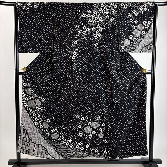 【美品】訪問服 身長154.5cm 袖長64cm M 雙層 花 龜甲 絞染 黑 純蠶絲 秀品級