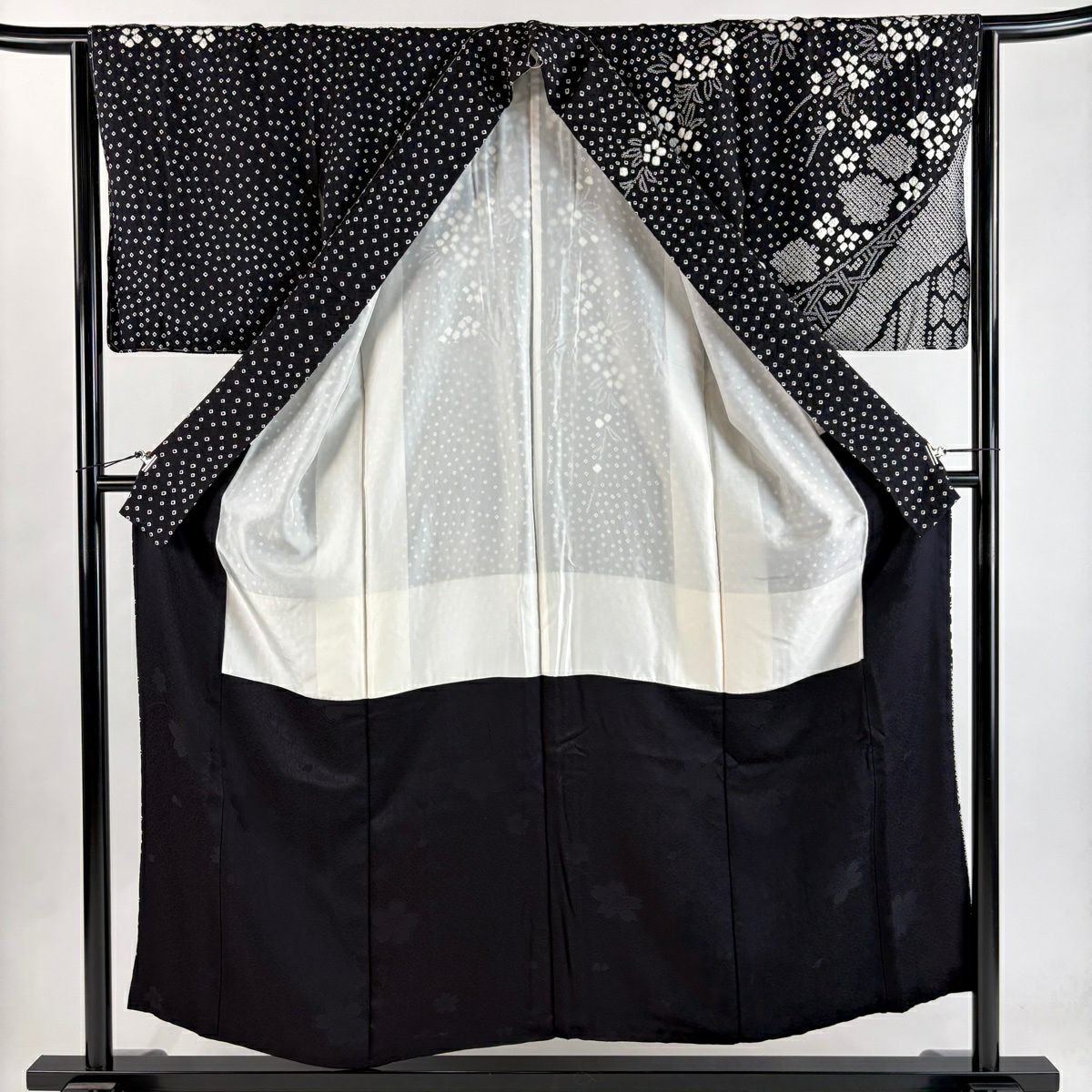 【美品】訪問服 身長154.5cm 袖長64cm M 雙層 花 龜甲 絞染 黑 純蠶絲 秀品級