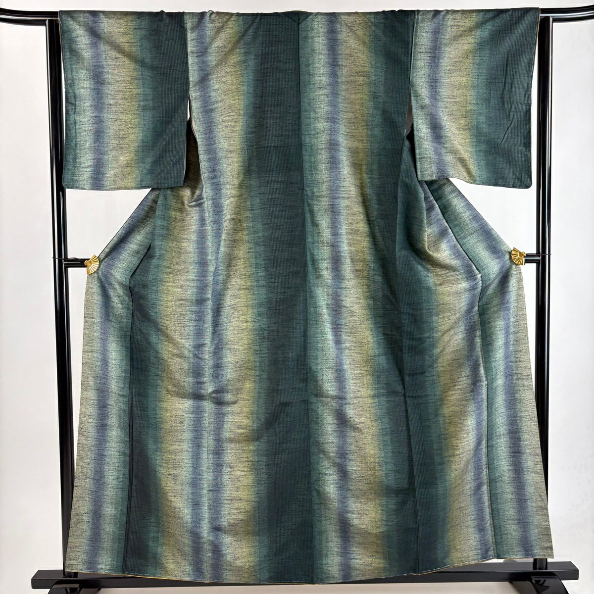【美品】 紬織 身長161cm 袖長64cm M 雙層 縱條 深綠 純蠶絲 秀品級
