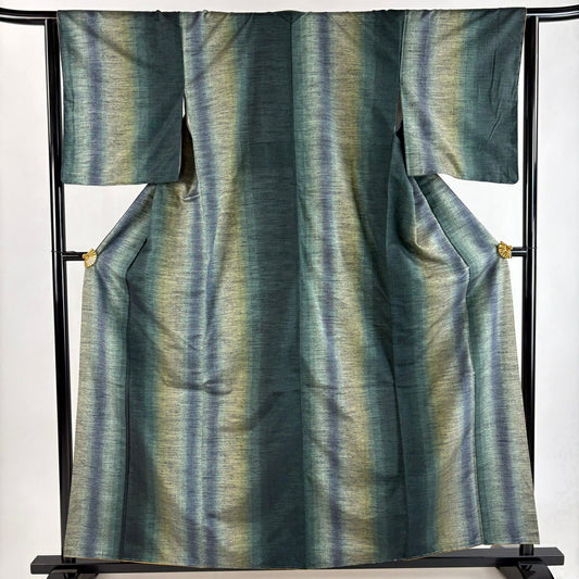 【美品】 紬織 身長161cm 袖長64cm M 雙層 縱條 深綠 純蠶絲 秀品級