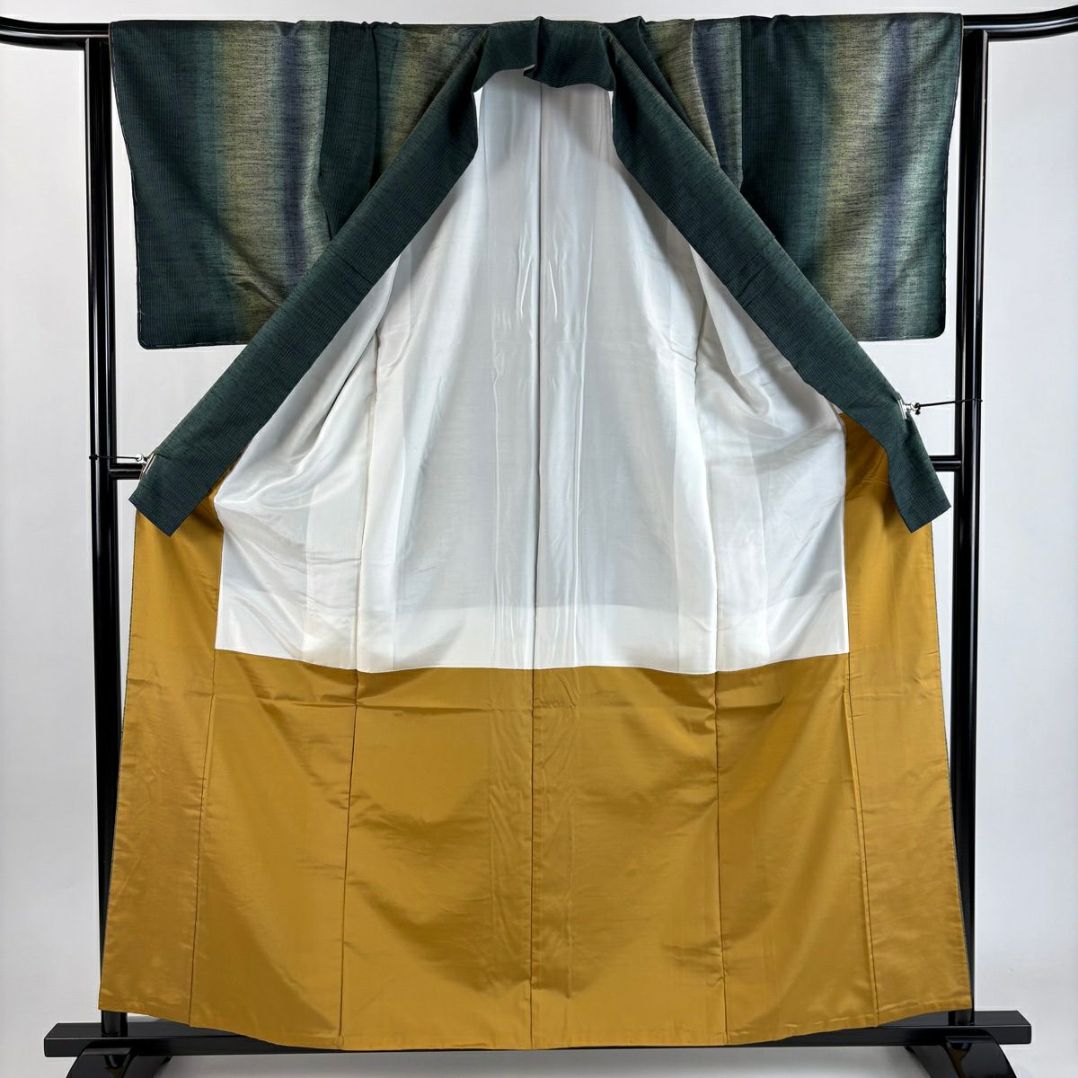 【美品】 紬織 身長161cm 袖長64cm M 雙層 縱條 深綠 純蠶絲 秀品級