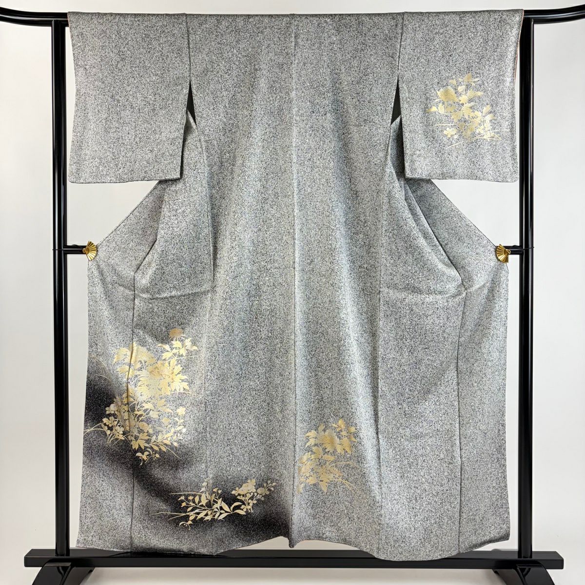 【美品】 付下 身長157cm 袖長63.5cm S 雙層 牡丹 菊花 金銀彩 漸層 灰色 純蠶絲 優品級