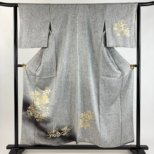 【美品】 付下 身長157cm 袖長63.5cm S 雙層 牡丹 菊花 金銀彩 漸層 灰色 純蠶絲 優品級