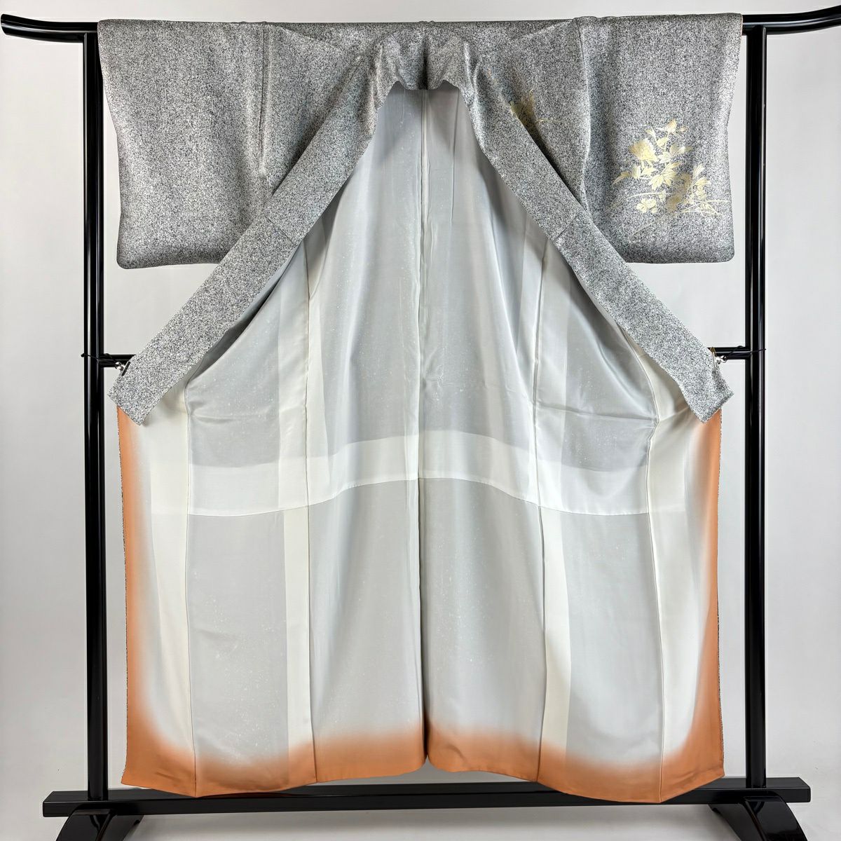 【美品】 付下 身長157cm 袖長63.5cm S 雙層 牡丹 菊花 金銀彩 漸層 灰色 純蠶絲 優品級