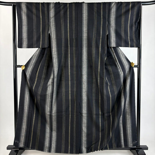 【美品】 紬織 身長163cm 袖長64cm M 雙層 縱條 黑 純蠶絲 秀品級