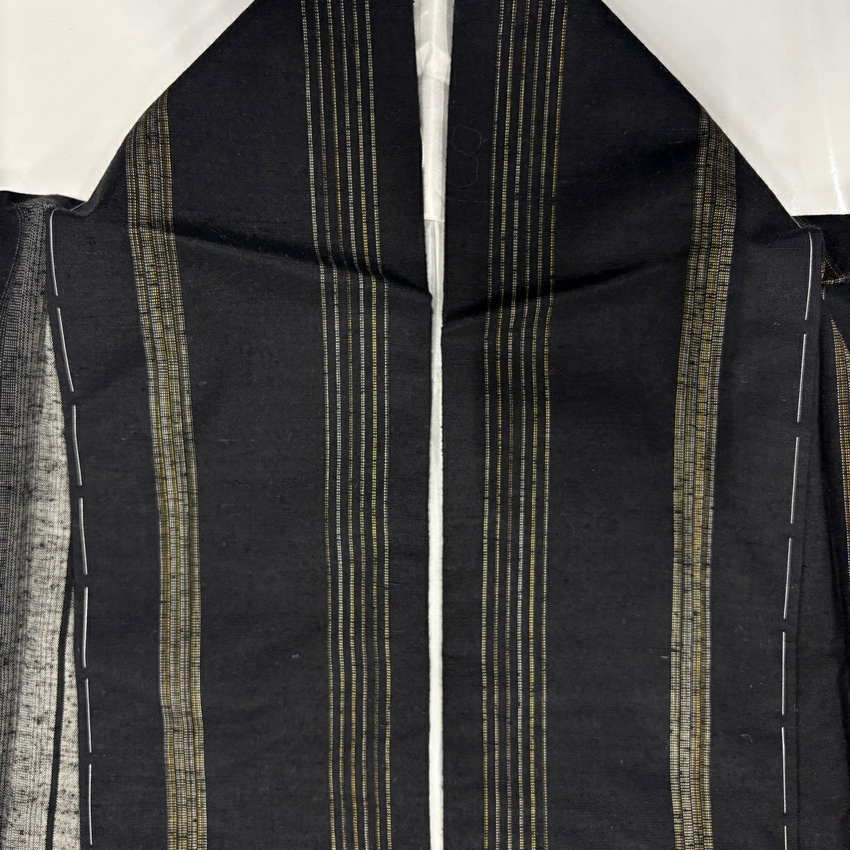 【美品】 紬織 身長163cm 袖長64cm M 雙層 縱條 黑 純蠶絲 秀品級