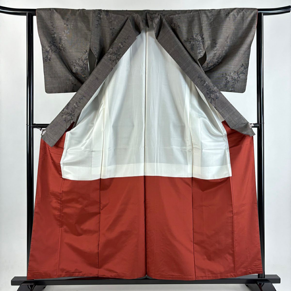 【美品】 紬織 身長159.5cm 袖長61.5cm S 雙層 枝花 焦茶 純蠶絲 秀品級