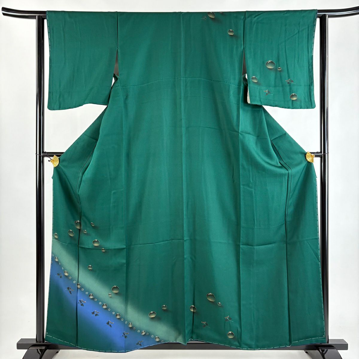 【美品】 付下 身長159cm 袖長62.5cm S 雙層 鈴乃屋 雫 菊花 金銀彩 漸層 綠 純蠶絲 優品級