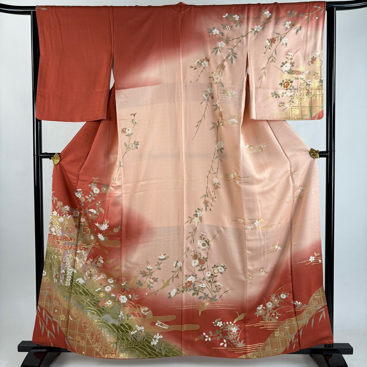 【美品】訪問服 身長161cm 袖長63.5cm S 雙層 幾帳 草花紋紋 金絲 金銀彩 茜 純蠶絲 秀品級