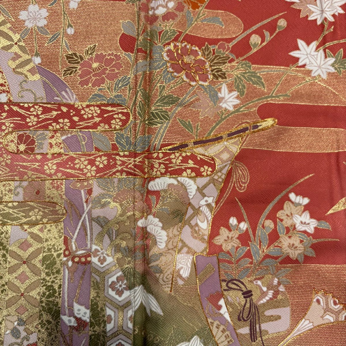 【美品】訪問服 身長161cm 袖長63.5cm S 雙層 幾帳 草花紋紋 金絲 金銀彩 茜 純蠶絲 秀品級