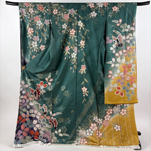 振袖禮服 身長176cm 袖長68cm L 未仕立 雜花 蝴蝶 萩 金銀彩 漸層 灰綠 純蠶絲 優品級