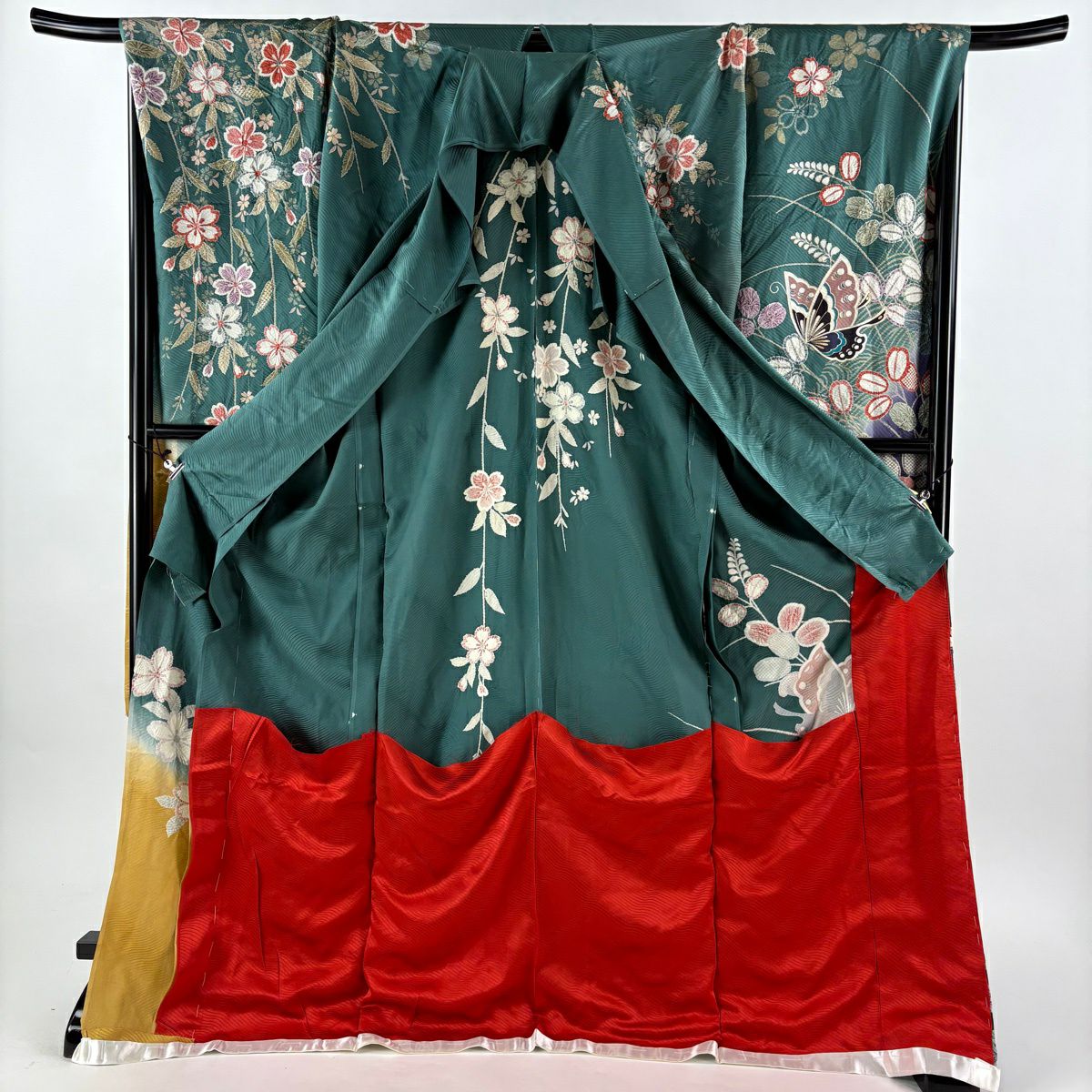 振袖禮服 身長176cm 袖長68cm L 未仕立 雜花 蝴蝶 萩 金銀彩 漸層 灰綠 純蠶絲 優品級