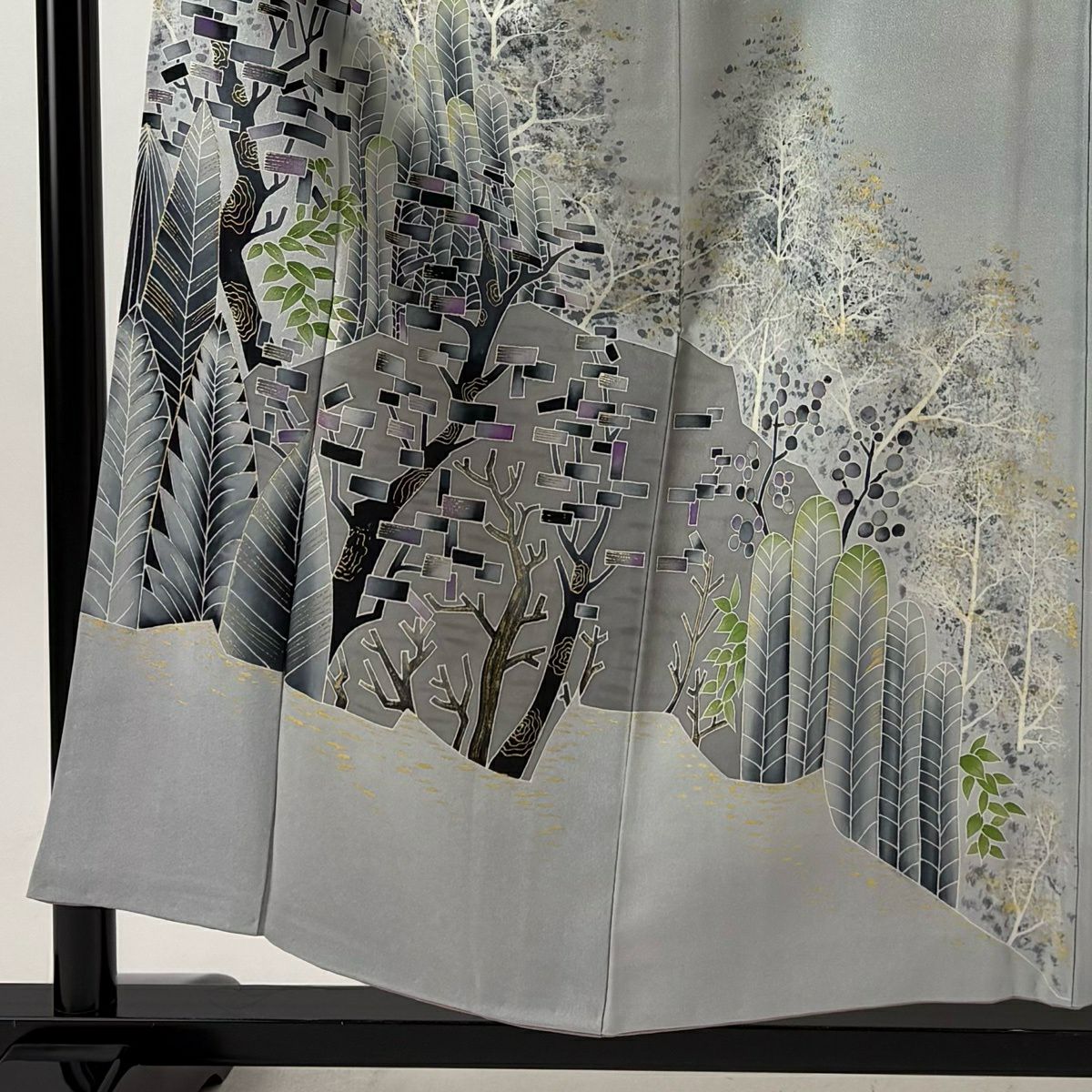 訪問服 身長153cm 袖長63cm S 雙層 樹木 金銀彩 漸層 青灰 純蠶絲 秀品級