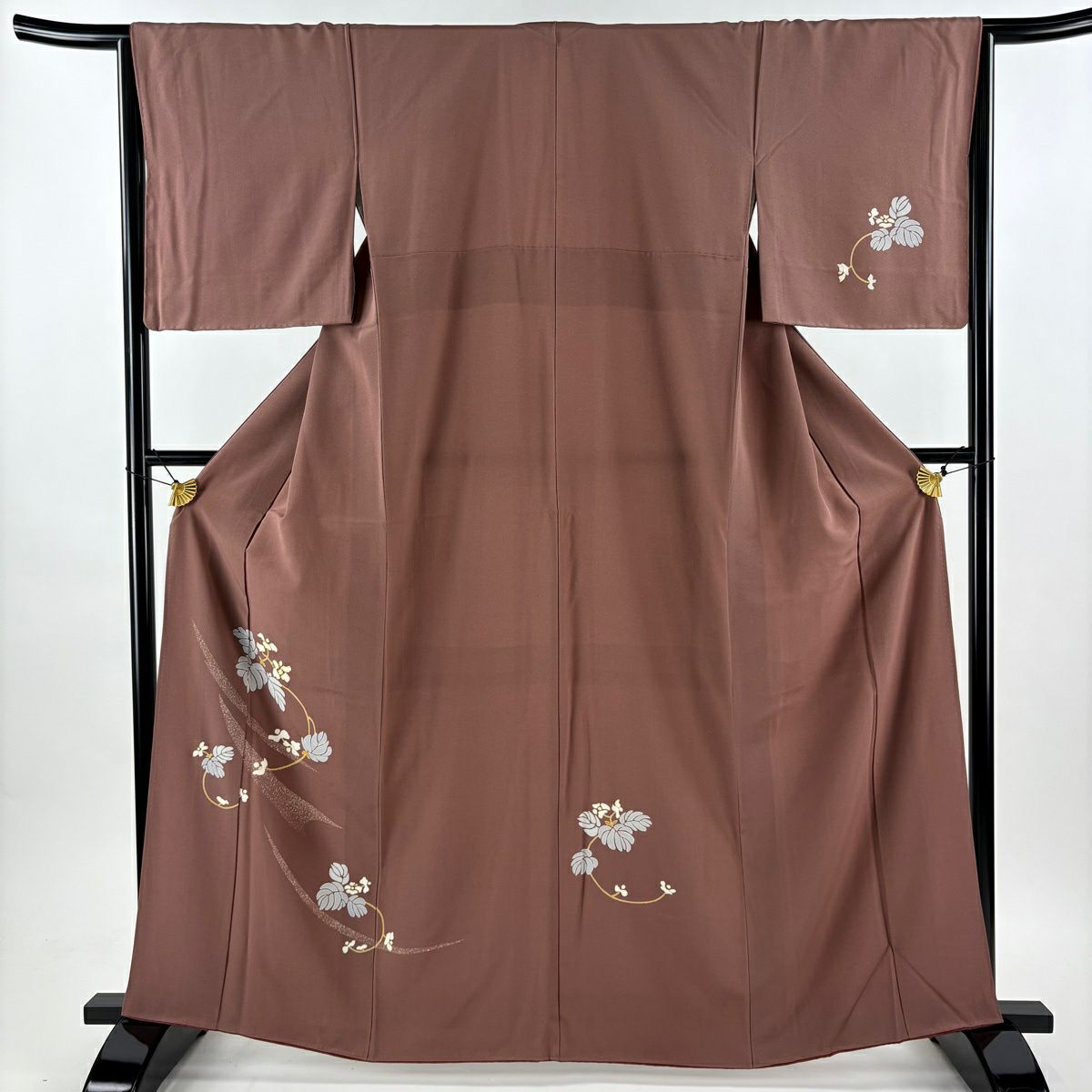 付下 身長163cm 袖長64.5cm M 雙層 草花紋紋 金絲 金銀彩 小豆 純蠶絲 優品級
