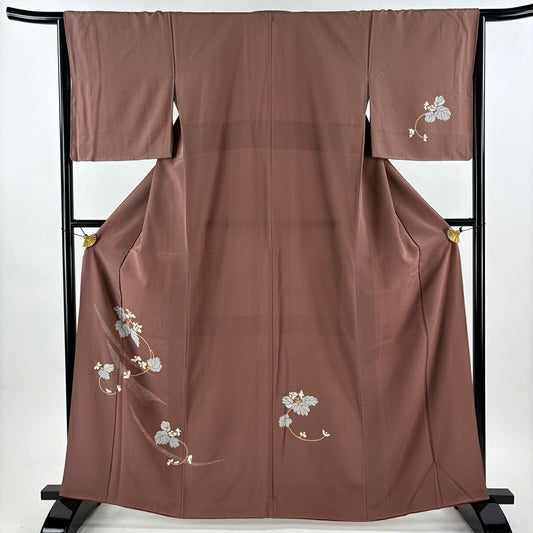 付下 身長163cm 袖長64.5cm M 雙層 草花紋紋 金絲 金銀彩 小豆 純蠶絲 優品級
