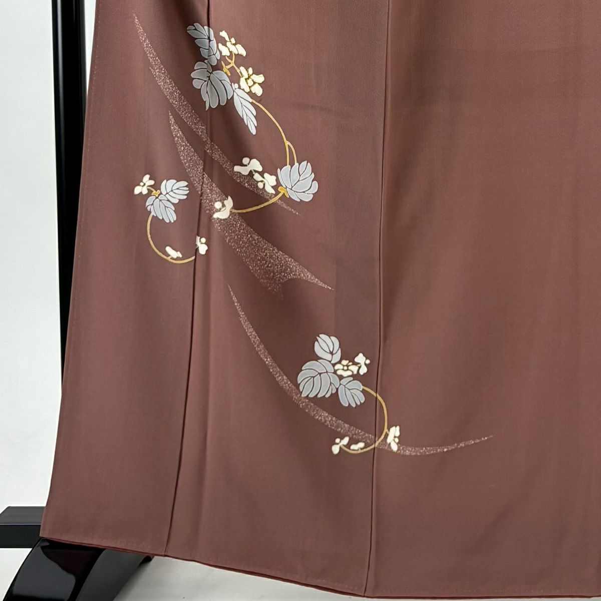 付下 身長163cm 袖長64.5cm M 雙層 草花紋紋 金絲 金銀彩 小豆 純蠶絲 優品級