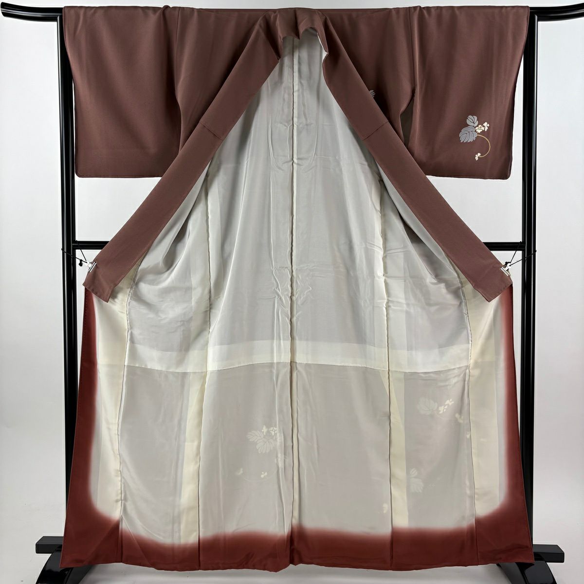付下 身長163cm 袖長64.5cm M 雙層 草花紋紋 金絲 金銀彩 小豆 純蠶絲 優品級