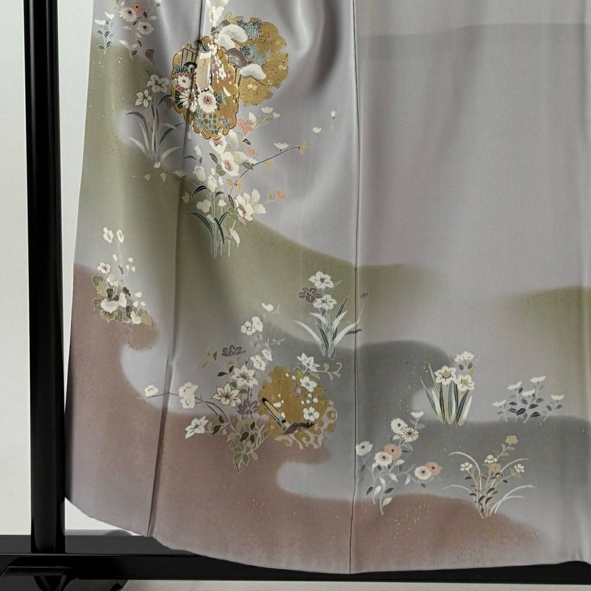 訪問服 身長155cm 袖長63cm S 雙層 雪輪 御所車 金絲 金銀彩 灰 純蠶絲 秀品級 一つ紋