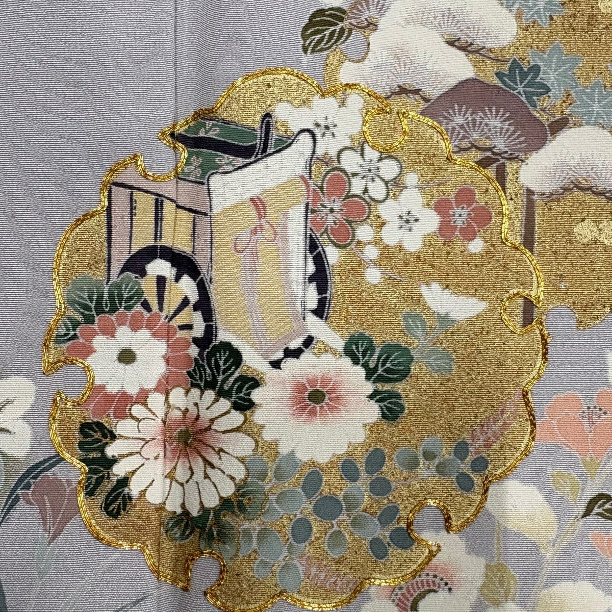 訪問服 身長155cm 袖長63cm S 雙層 雪輪 御所車 金絲 金銀彩 灰 純蠶絲 秀品級 一つ紋