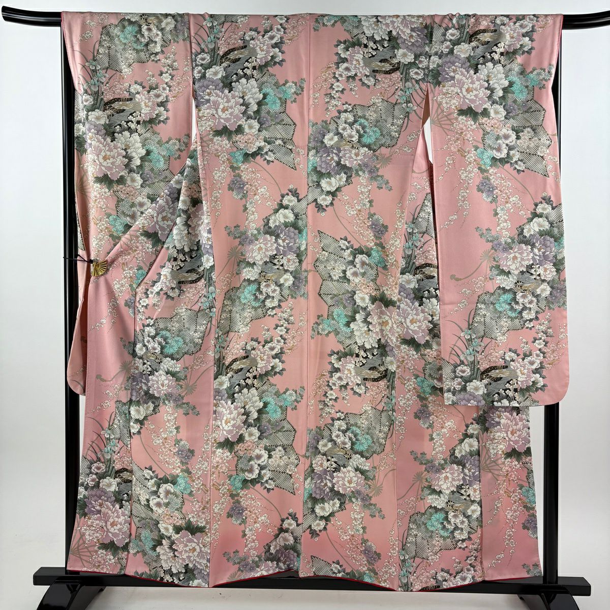 【美品】振袖禮服 身長156cm 袖長67.5cm L 雙層 扇子 草花紋紋 金彩裝飾 淺粉色 純蠶絲 優品級
