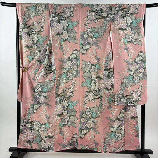 【美品】振袖禮服 身長156cm 袖長67.5cm L 雙層 扇子 草花紋紋 金彩裝飾 淺粉色 純蠶絲 優品級