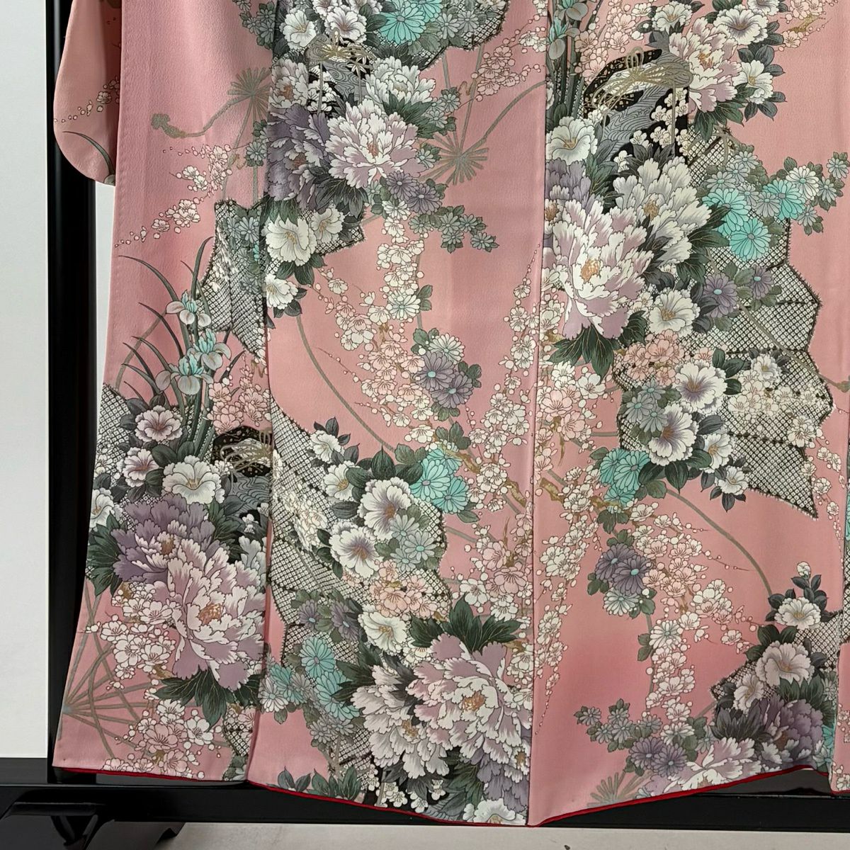 【美品】振袖禮服 身長156cm 袖長67.5cm L 雙層 扇子 草花紋紋 金彩裝飾 淺粉色 純蠶絲 優品級