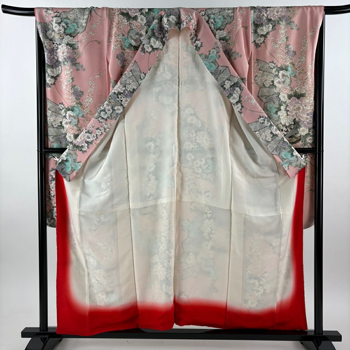 【美品】振袖禮服 身長156cm 袖長67.5cm L 雙層 扇子 草花紋紋 金彩裝飾 淺粉色 純蠶絲 優品級