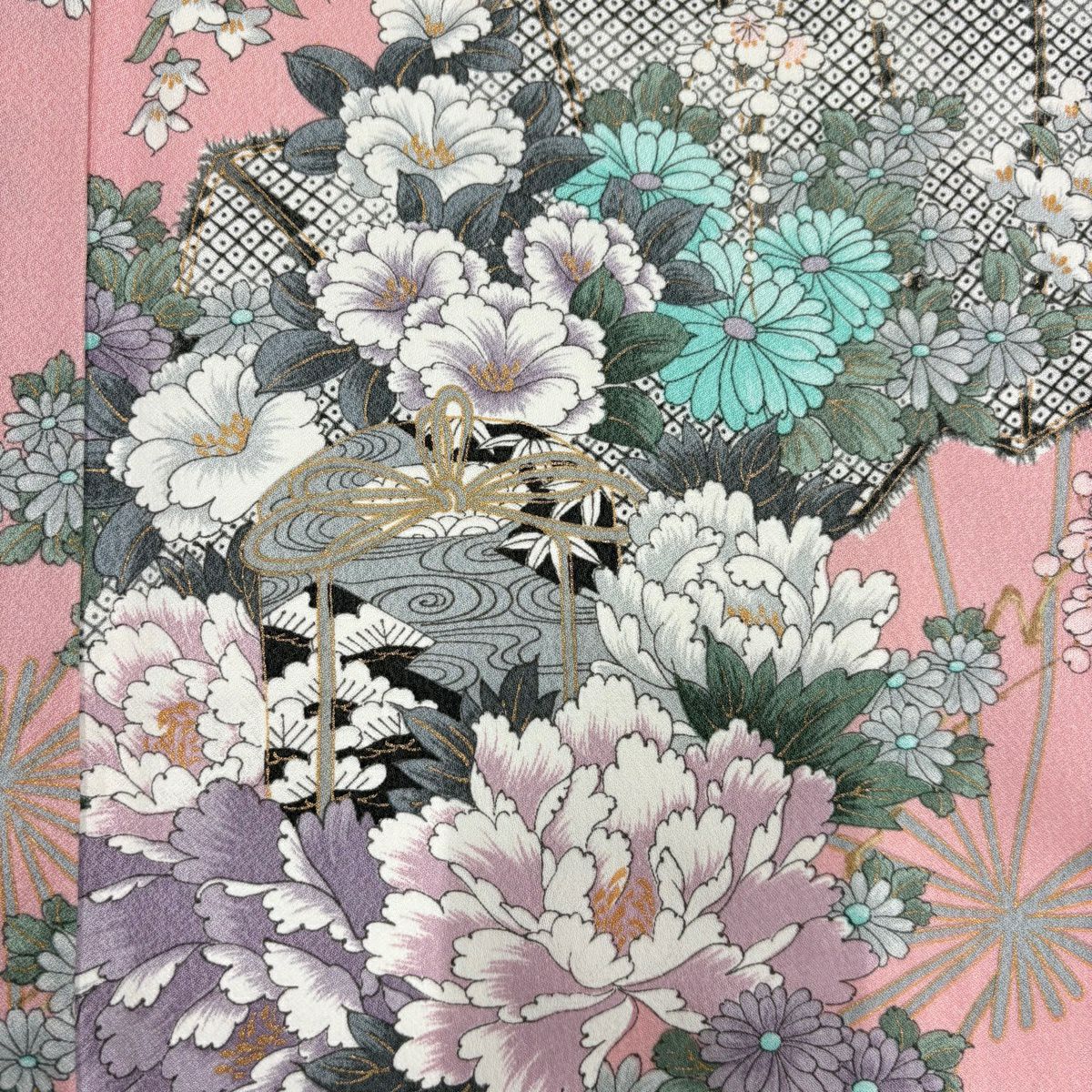 【美品】振袖禮服 身長156cm 袖長67.5cm L 雙層 扇子 草花紋紋 金彩裝飾 淺粉色 純蠶絲 優品級