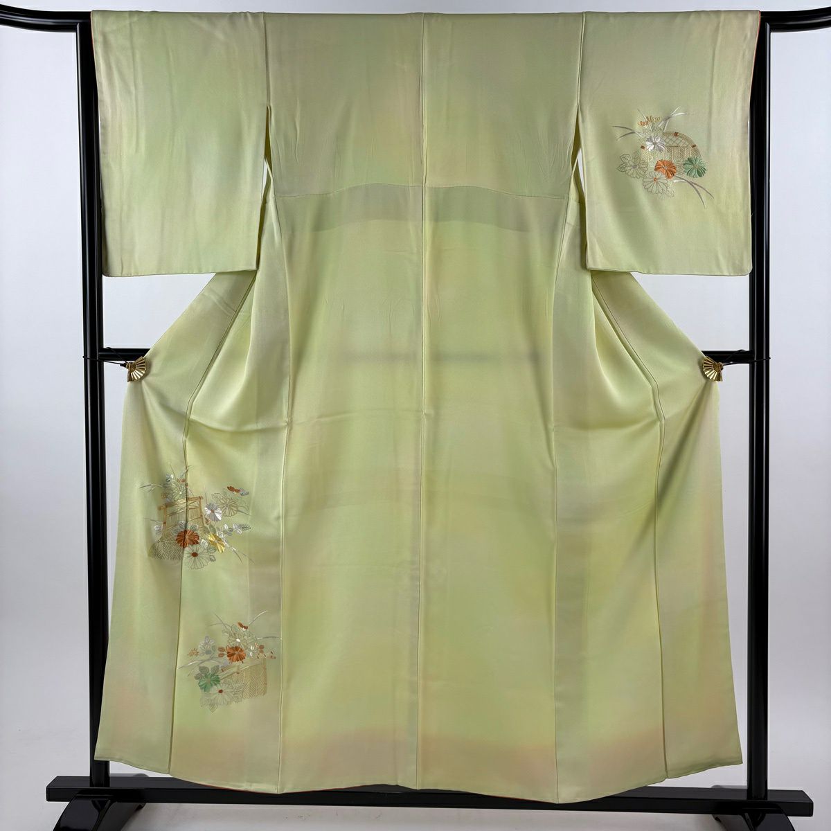 付下 身長155cm 袖長64cm M 雙層 菊花花 垣根 刺繡 漸層 黃綠 純蠶絲 優品級