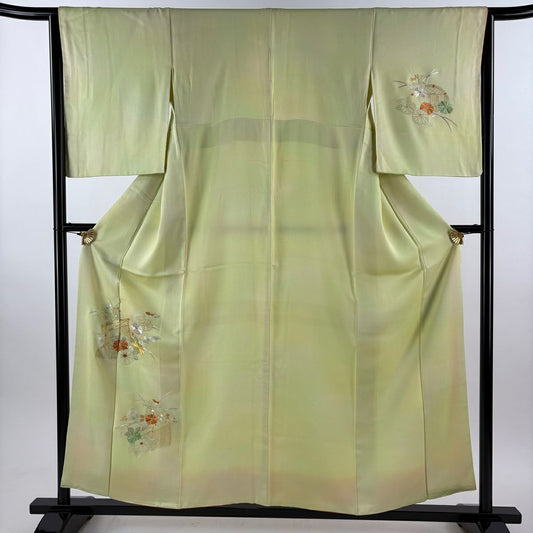 付下 身長155cm 袖長64cm M 雙層 菊花花 垣根 刺繡 漸層 黃綠 純蠶絲 優品級