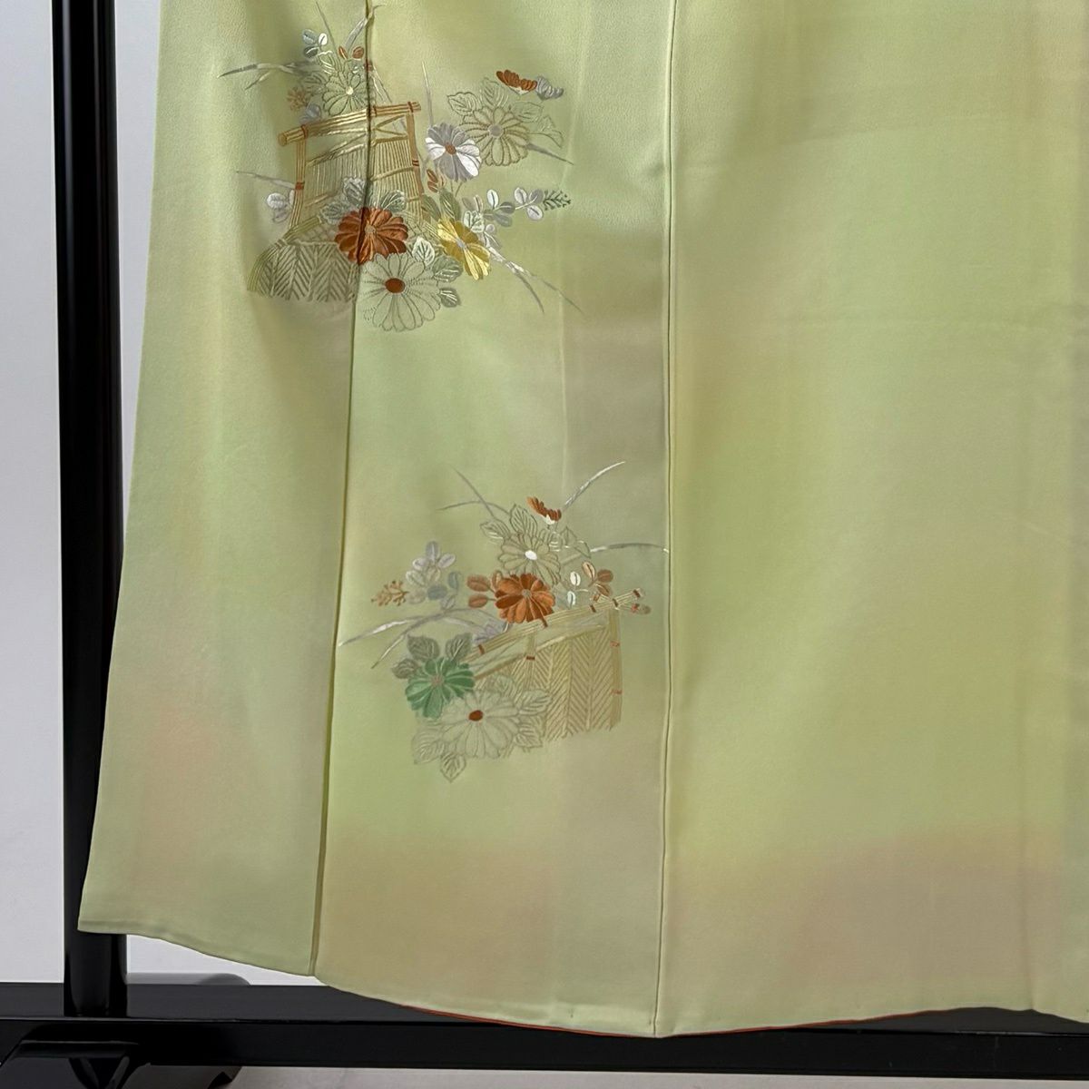 付下 身長155cm 袖長64cm M 雙層 菊花花 垣根 刺繡 漸層 黃綠 純蠶絲 優品級