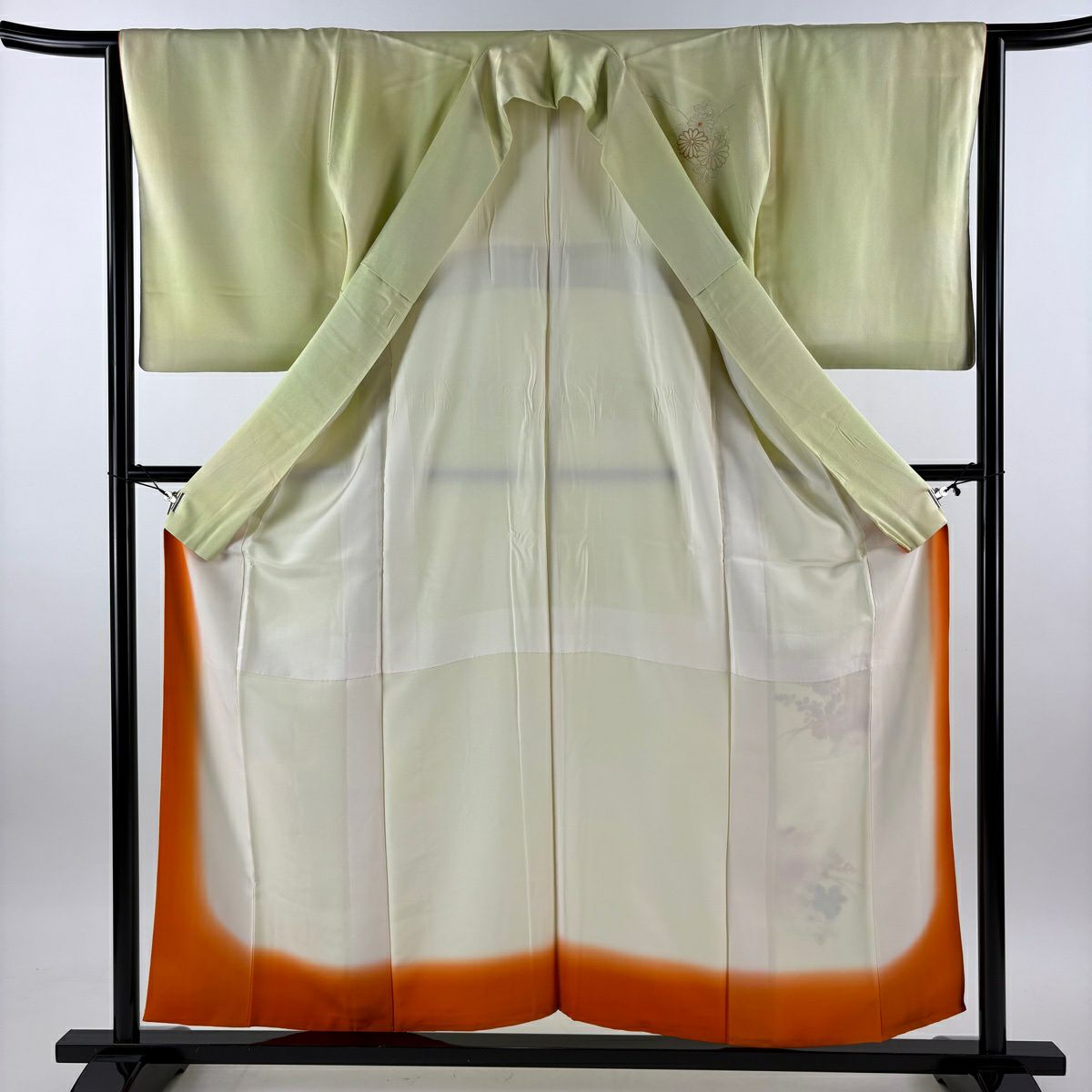 付下 身長155cm 袖長64cm M 雙層 菊花花 垣根 刺繡 漸層 黃綠 純蠶絲 優品級