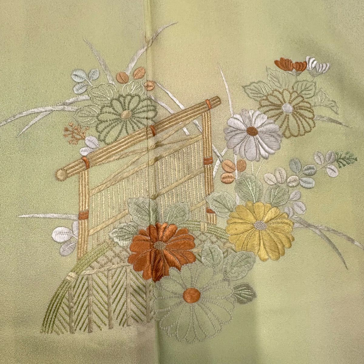 付下 身長155cm 袖長64cm M 雙層 菊花花 垣根 刺繡 漸層 黃綠 純蠶絲 優品級