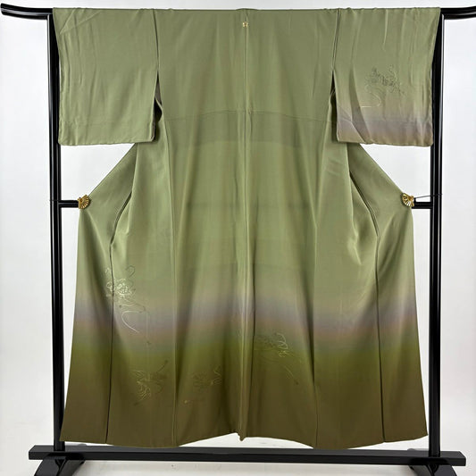 付下 身長151.5cm 袖長64.5cm M 雙層 和樂器 扇子子 刺繡 漸層 灰綠 純蠶絲 秀品級 一個紋