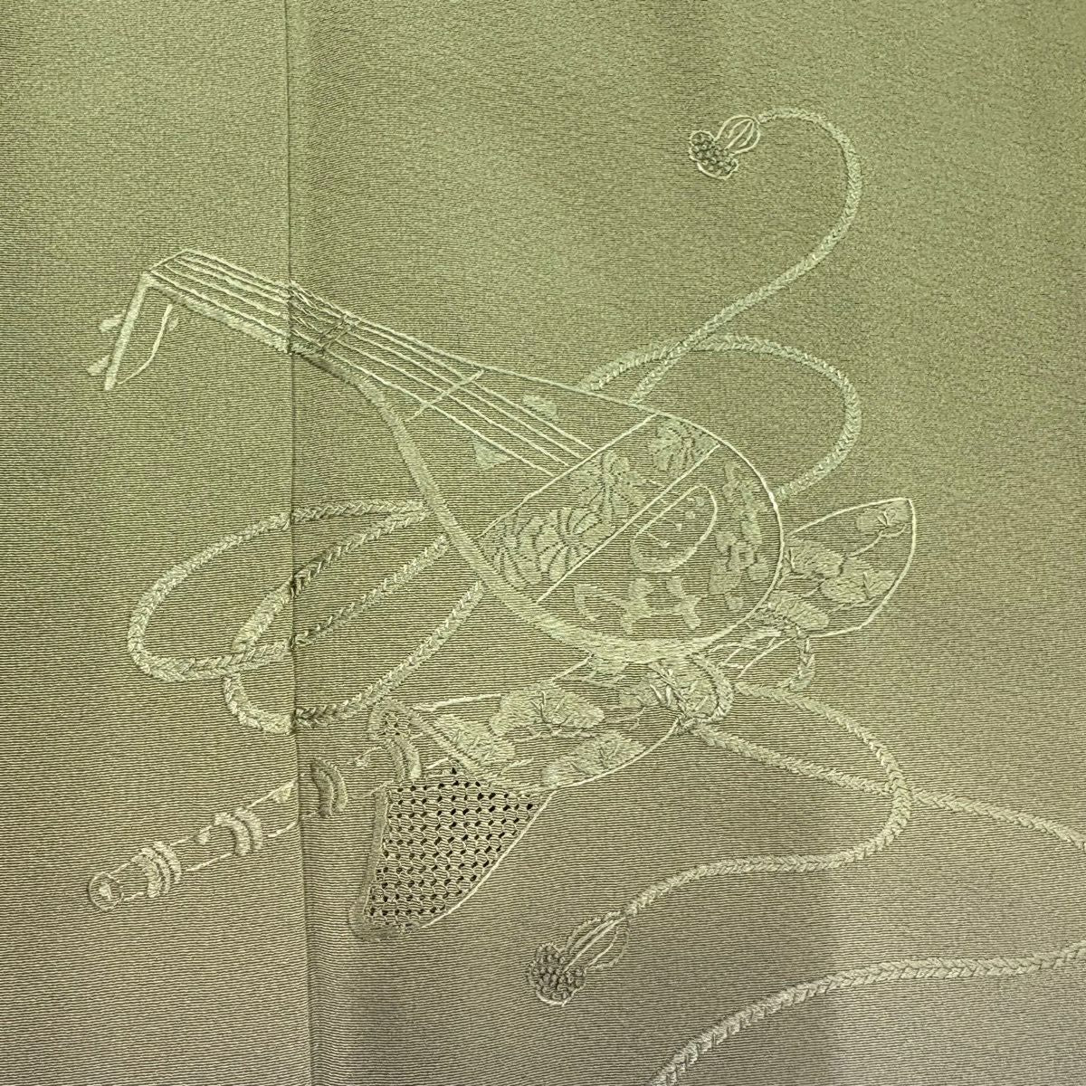 付下 身長151.5cm 袖長64.5cm M 雙層 和樂器 扇子子 刺繡 漸層 灰綠 純蠶絲 秀品級 一個紋