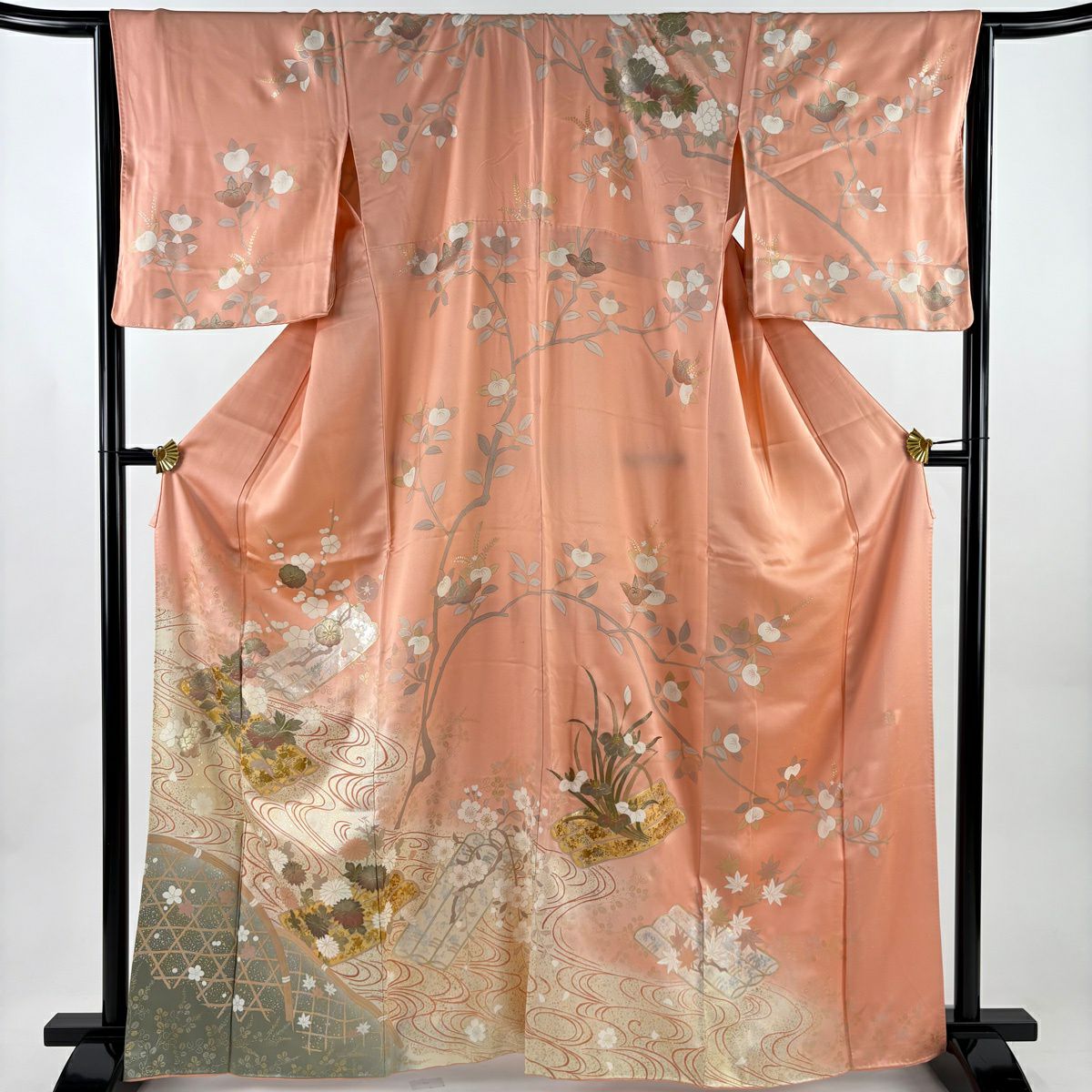 訪問服 身長164.5cm 袖長66cm M 雙層 落款 花筏 流水 金銀彩 染分 サーモン粉紅 純蠶絲 秀品級