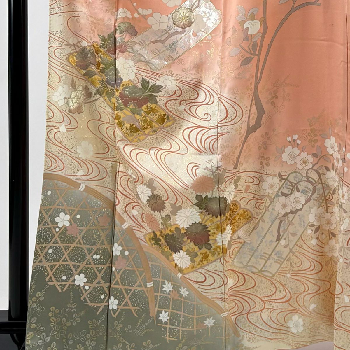 訪問服 身長164.5cm 袖長66cm M 雙層 落款 花筏 流水 金銀彩 染分 サーモン粉紅 純蠶絲 秀品級