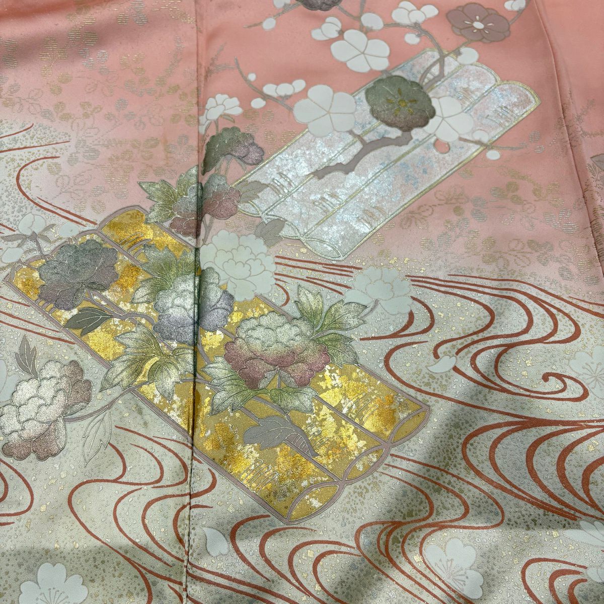 訪問服 身長164.5cm 袖長66cm M 雙層 落款 花筏 流水 金銀彩 染分 サーモン粉紅 純蠶絲 秀品級