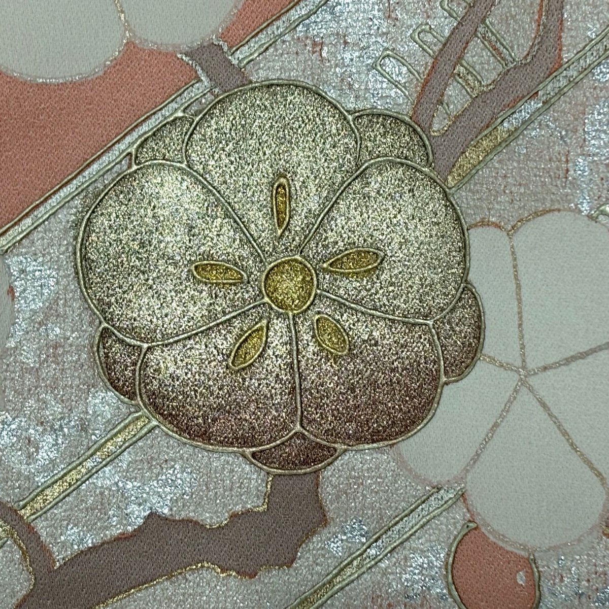 訪問服 身長164.5cm 袖長66cm M 雙層 落款 花筏 流水 金銀彩 染分 サーモン粉紅 純蠶絲 秀品級