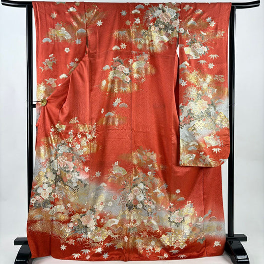 【美品】振袖禮服 身長169.5cm 袖長62cm S 雙層 花車 龜甲 金絲 金銀彩 朱 純蠶絲 秀品級