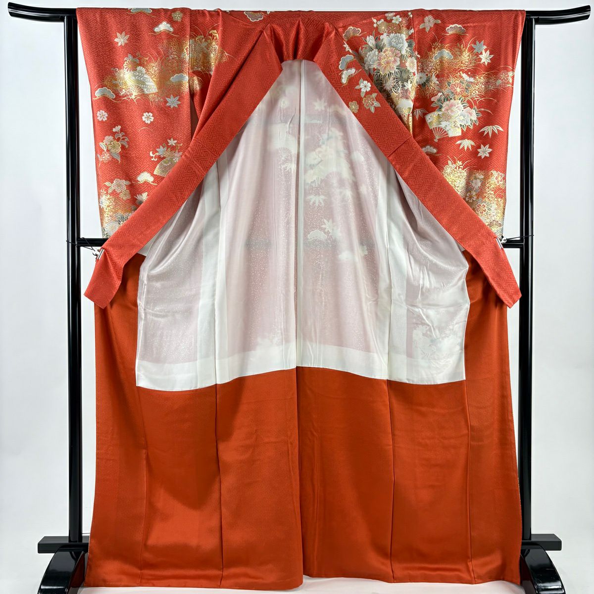 【美品】振袖禮服 身長169.5cm 袖長62cm S 雙層 花車 龜甲 金絲 金銀彩 朱 純蠶絲 秀品級