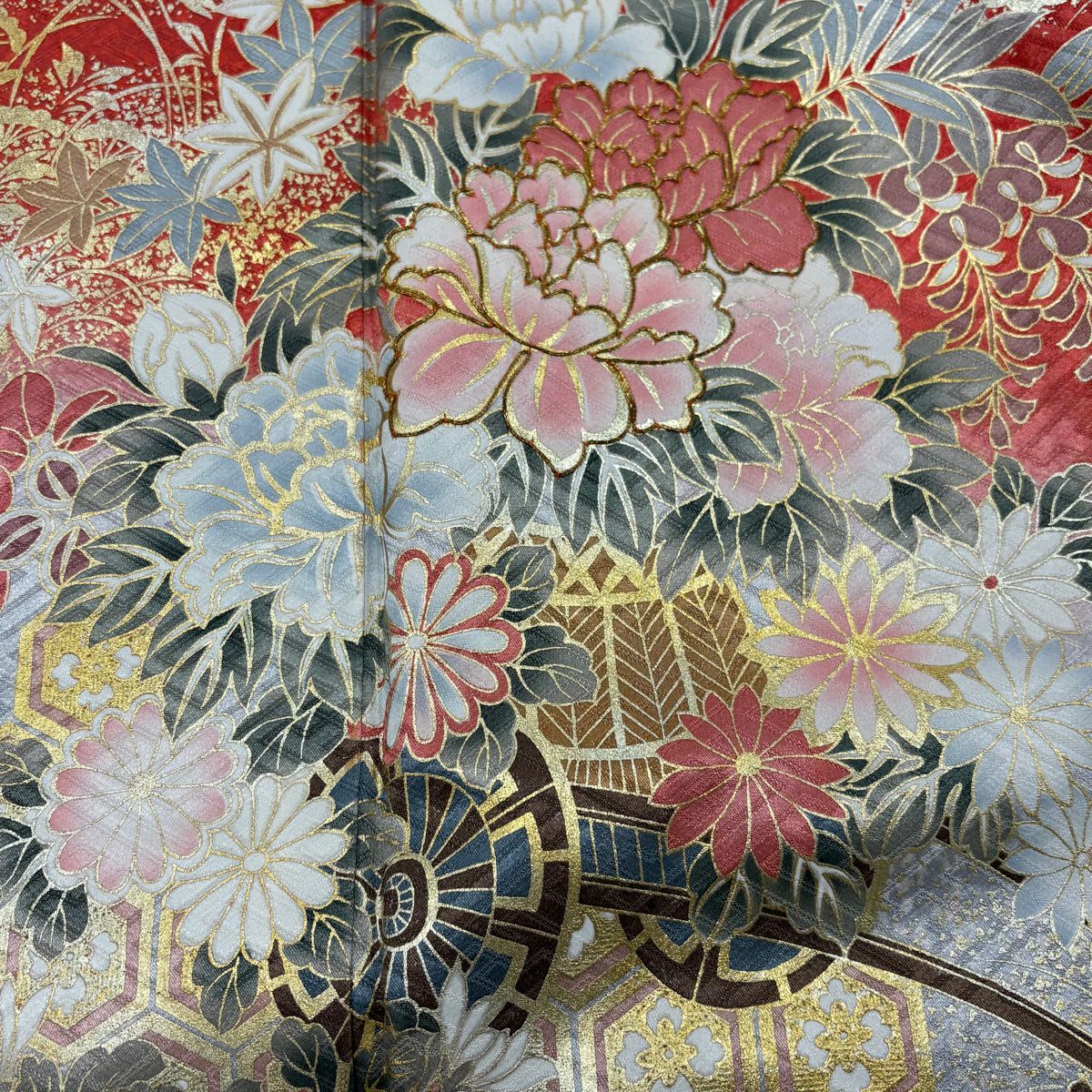 【美品】振袖禮服 身長169.5cm 袖長62cm S 雙層 花車 龜甲 金絲 金銀彩 朱 純蠶絲 秀品級