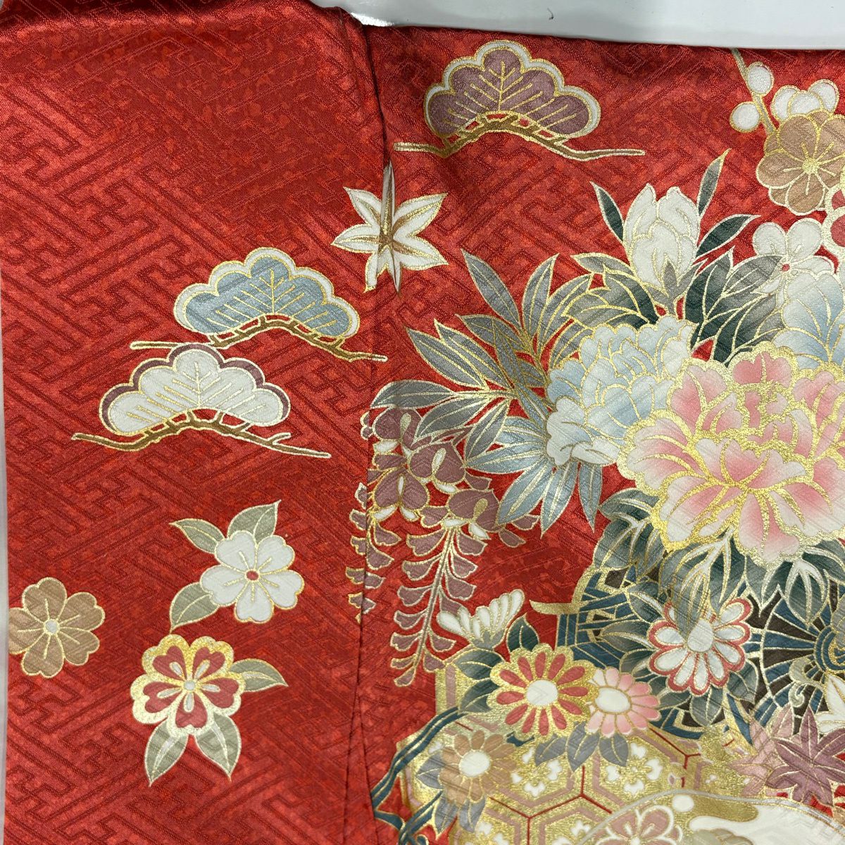 【美品】振袖禮服 身長169.5cm 袖長62cm S 雙層 花車 龜甲 金絲 金銀彩 朱 純蠶絲 秀品級