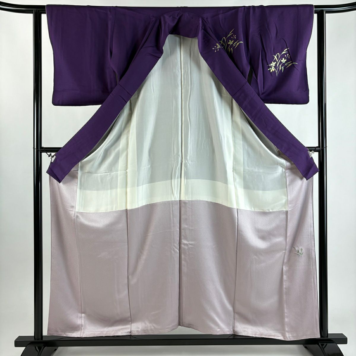 付下 身長157cm 袖長62cm S 雙層 鈴乃屋 器物 草花紋紋 金銀彩 紫 純蠶絲 秀品級