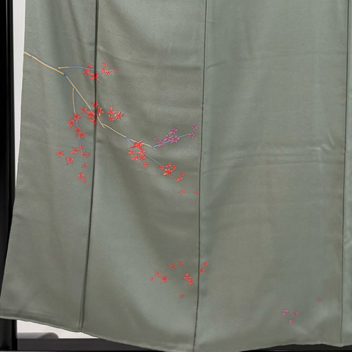 【美品】 付下 身長156cm 袖長62cm S 雙層 枝花刺繡 灰綠 純蠶絲 秀品級